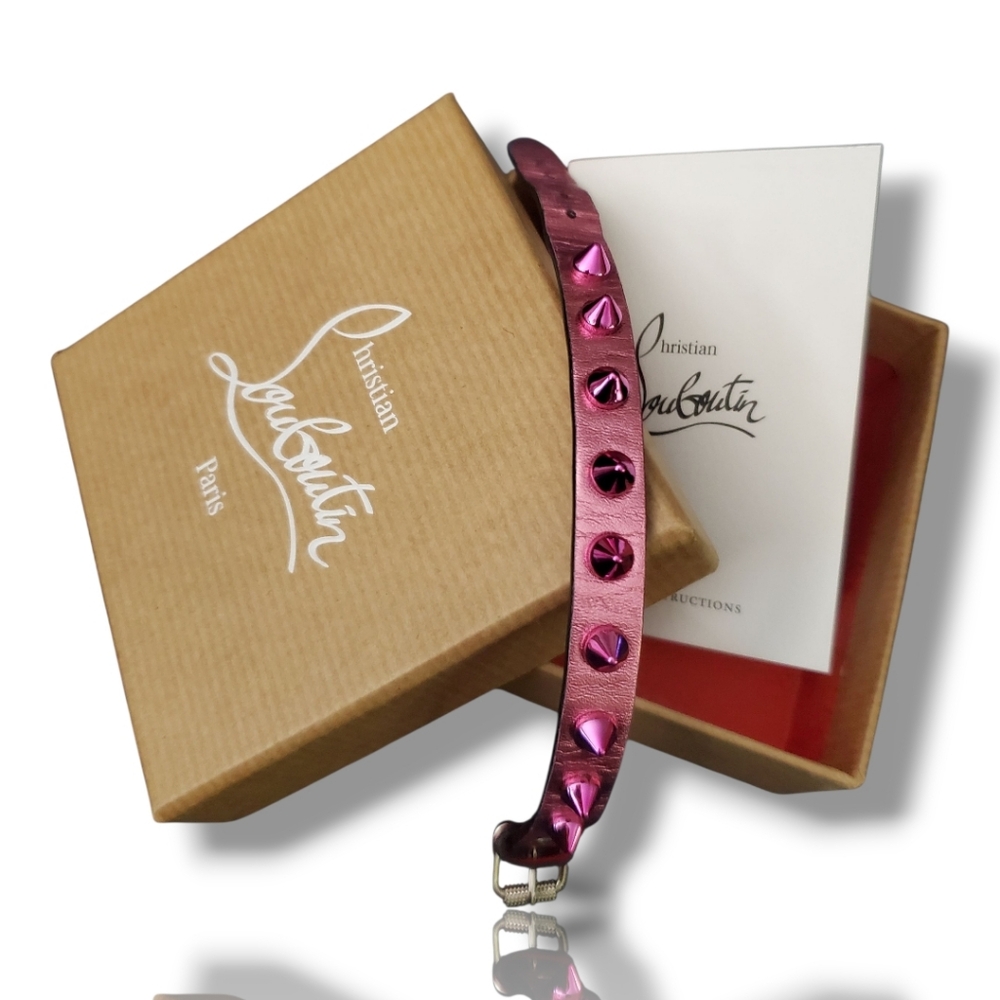 Christian Louboutin Loubilink Hot Pink Glitter Spiked Calf Leather Bracelet 8" - Picture 6 of 11